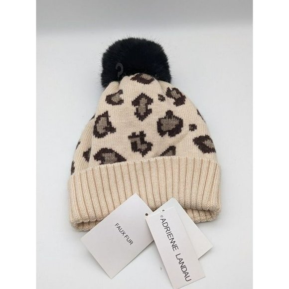 NWT Designer Leopard Pom Pom kitty cat print Revolve Adrienne Landau Beanie - Picture 1 of 2